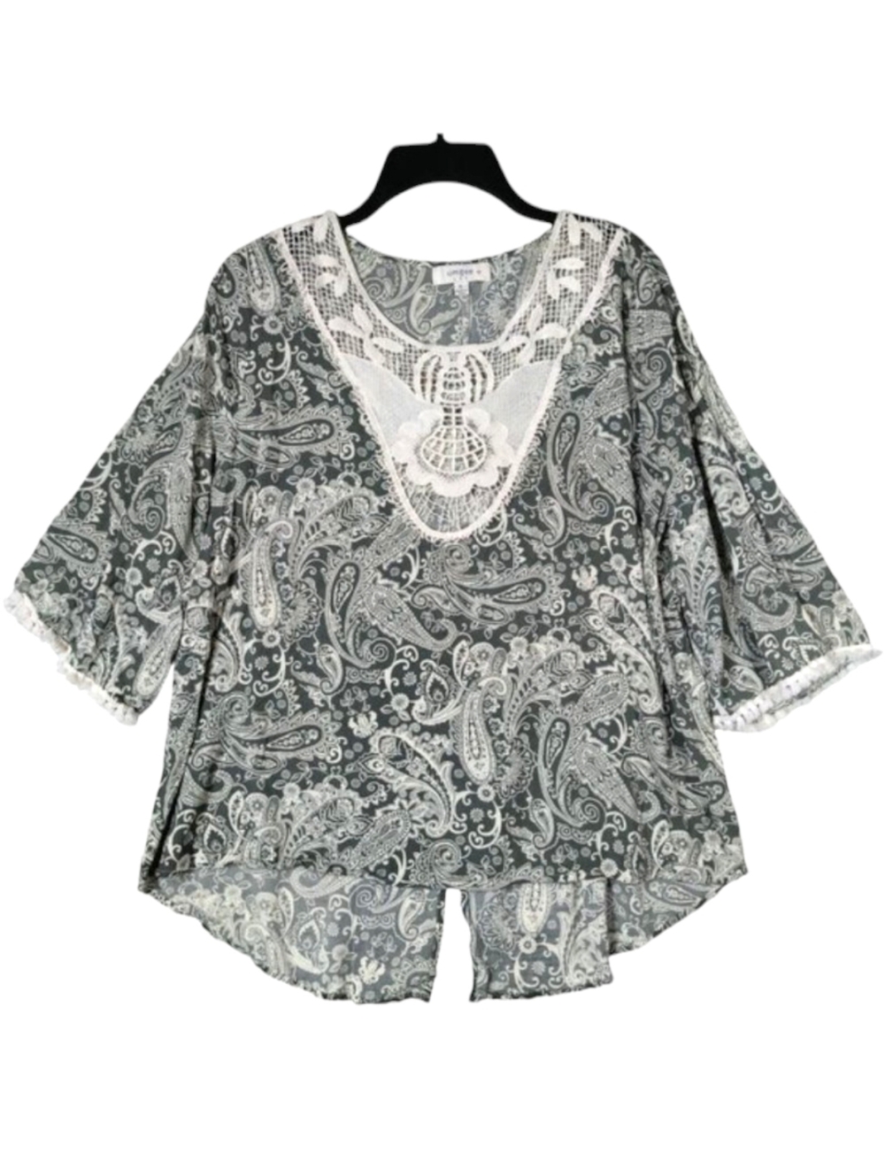 Umgee Boho 3/4 Sleeve Top Green White Fringe Crochet Size XL (FS)